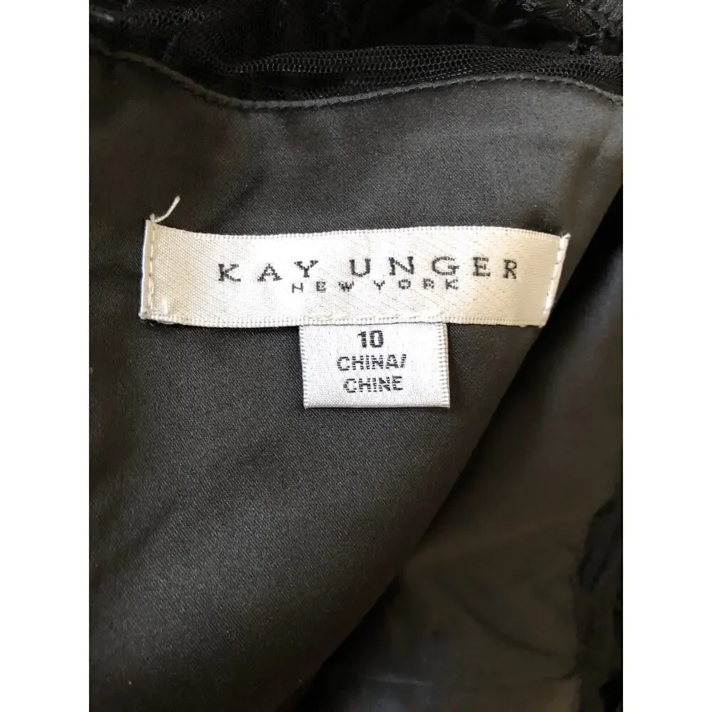 Kay Unger New York Tatum Dress Lace Overlay Short Sleeve Midi Black Size 10